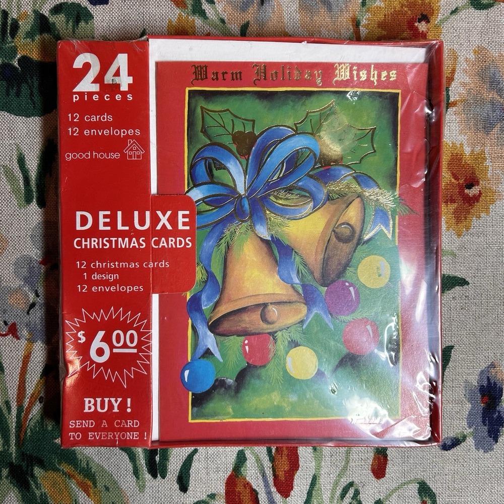 NEW & SEALED Vintage Bells & Holly 12 Christmas Cards Xmas Holiday Cottagecore